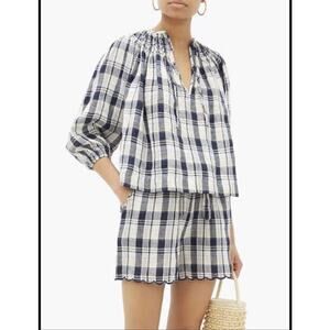 Innika Choo Blouse Women's 100% Linen Blue Check Gingham Size One